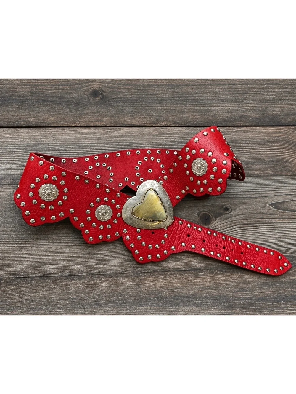 Anthropologie RARE Red Leather Multi Heart Studded Hip Belt One Size